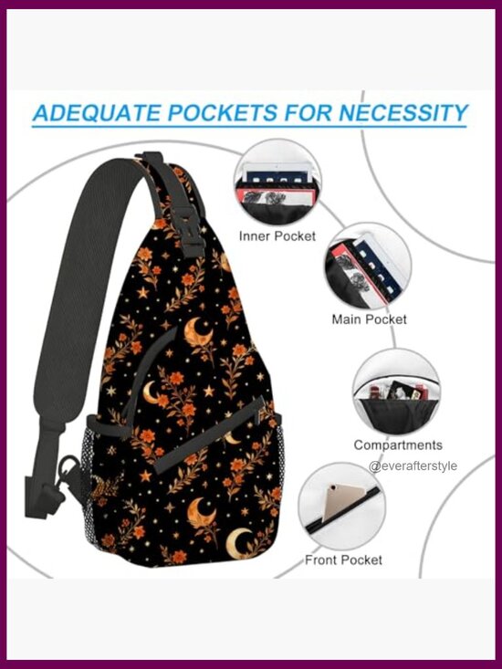 Moon and Floral Pattern Sling Bag Crossbody Backpack Lightweight Daypack with main image 5